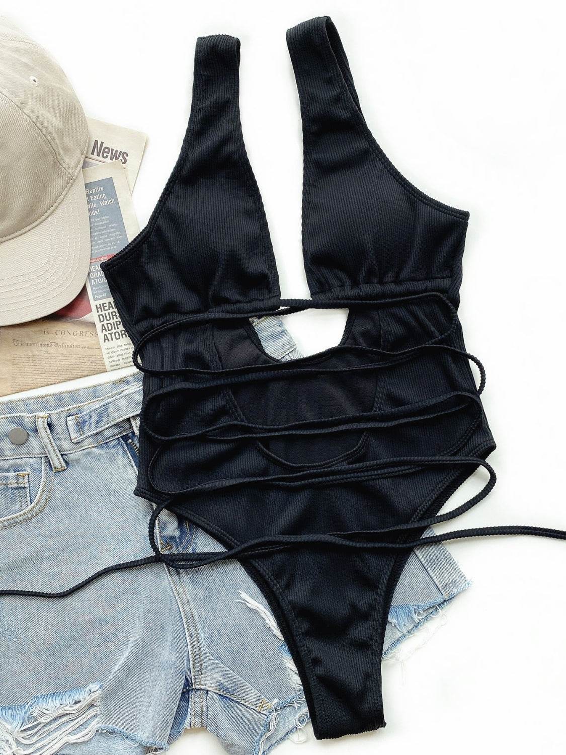 Ribbed Lace Up One-Piece Swimsuit - Hovatok