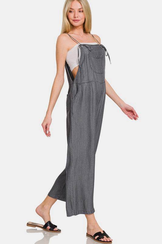 Zenana Washed Adjustable Strap Wide Leg Denim Overalls - Hovatok