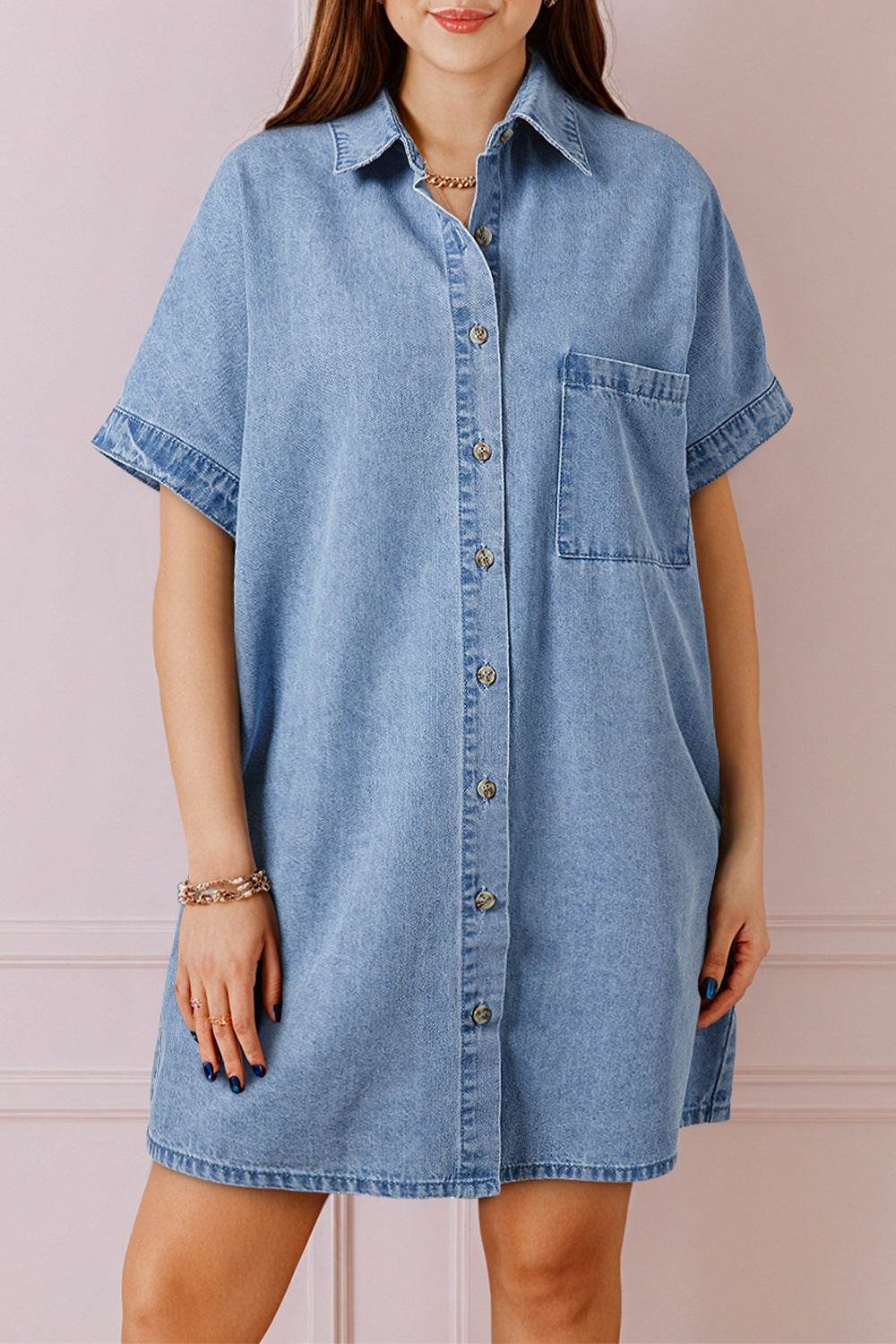 Button Down Short Sleeve Denim Dress - Hovatok
