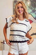 BiBi Pointelle Contrast Striped Short Sleeve Knit Top - Hovatok