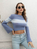 Ribbed Color Block Round Neck Cropped Sweater - Hovatok