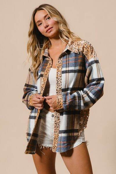 BiBi Curved Hem Sequin Plaid Button Up Shacket - Hovatok