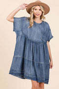 Mittoshop Washed Chambray Denim Oversized Tier Mini Dress - Hovatok