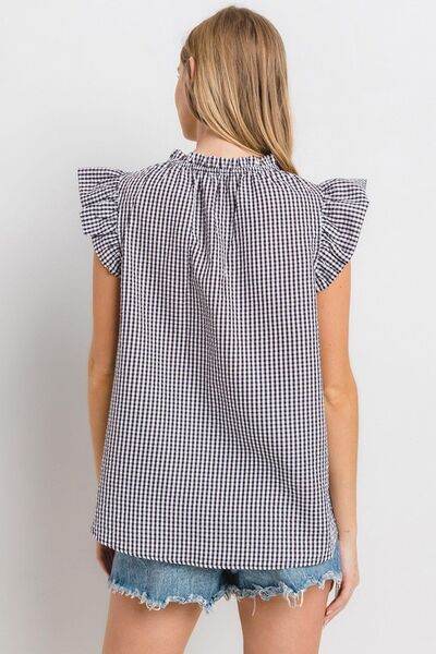 Ces Femme Plaid Notched Ruffled Cap Sleeve Blouse - Hovatok