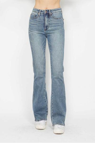 Judy Blue Full Size Tummy Control Back Embroidered Pocketed Bootcut Jeans Plus Size - Hovatok