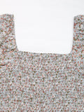 Perfee Ditsy Floral Smocked Square Neck Puff Sleeve Jumpsuit - Hovatok
