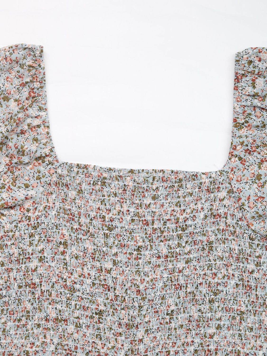 Perfee Ditsy Floral Smocked Square Neck Puff Sleeve Jumpsuit - Hovatok