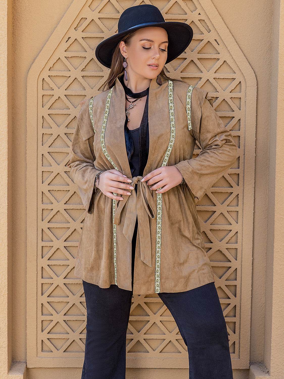 Plus Size Long Sleeve Tie Waist Cardigan - Hovatok