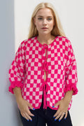 Double Take Tied Checkered Dropped Shoulder Flounce Sleeve Cardigan - Hovatok