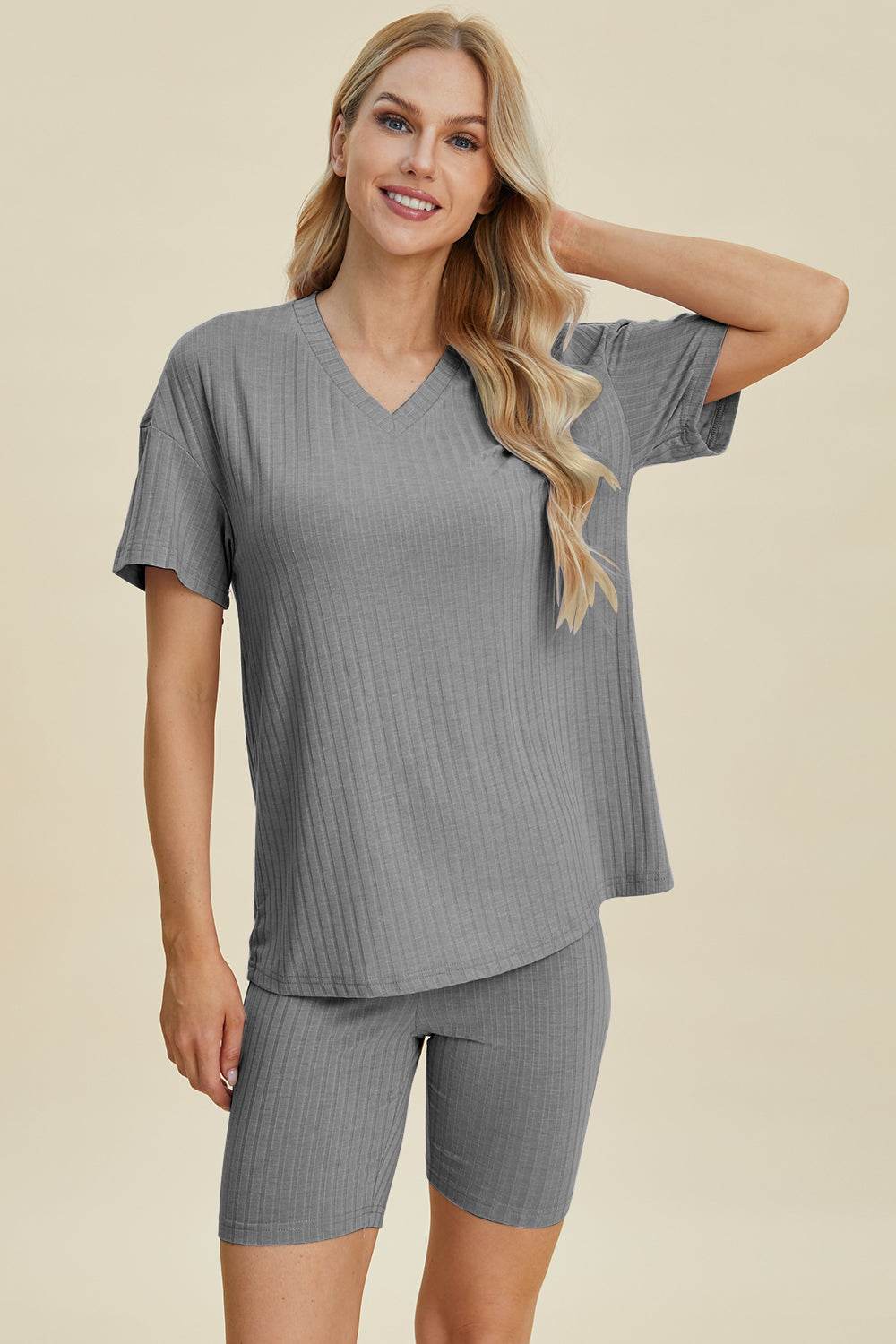 Basic Bae Full Size Ribbed V-Neck Short Sleeve Top and Shorts Set - Hovatok