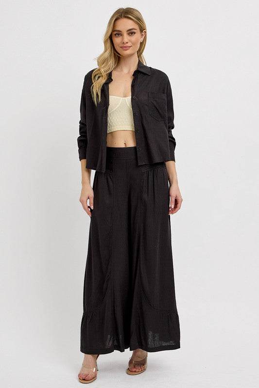 RISEN Shirring Detail Wide Leg Pants - Hovatok