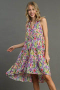 Umgee Full Size High-Low Hem Floral Sleeveless Tiered Dress Plus Size - Hovatok