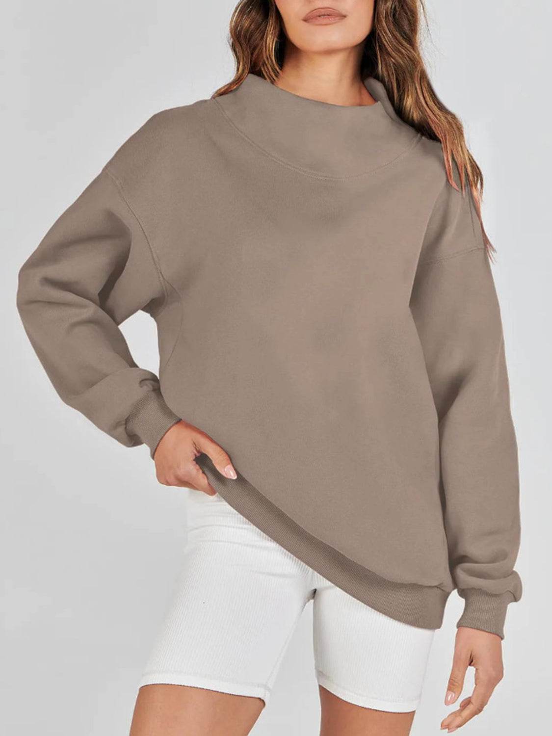 Mock Neck Drop Shoulder Long Sleeve Sweatshirt - Hovatok