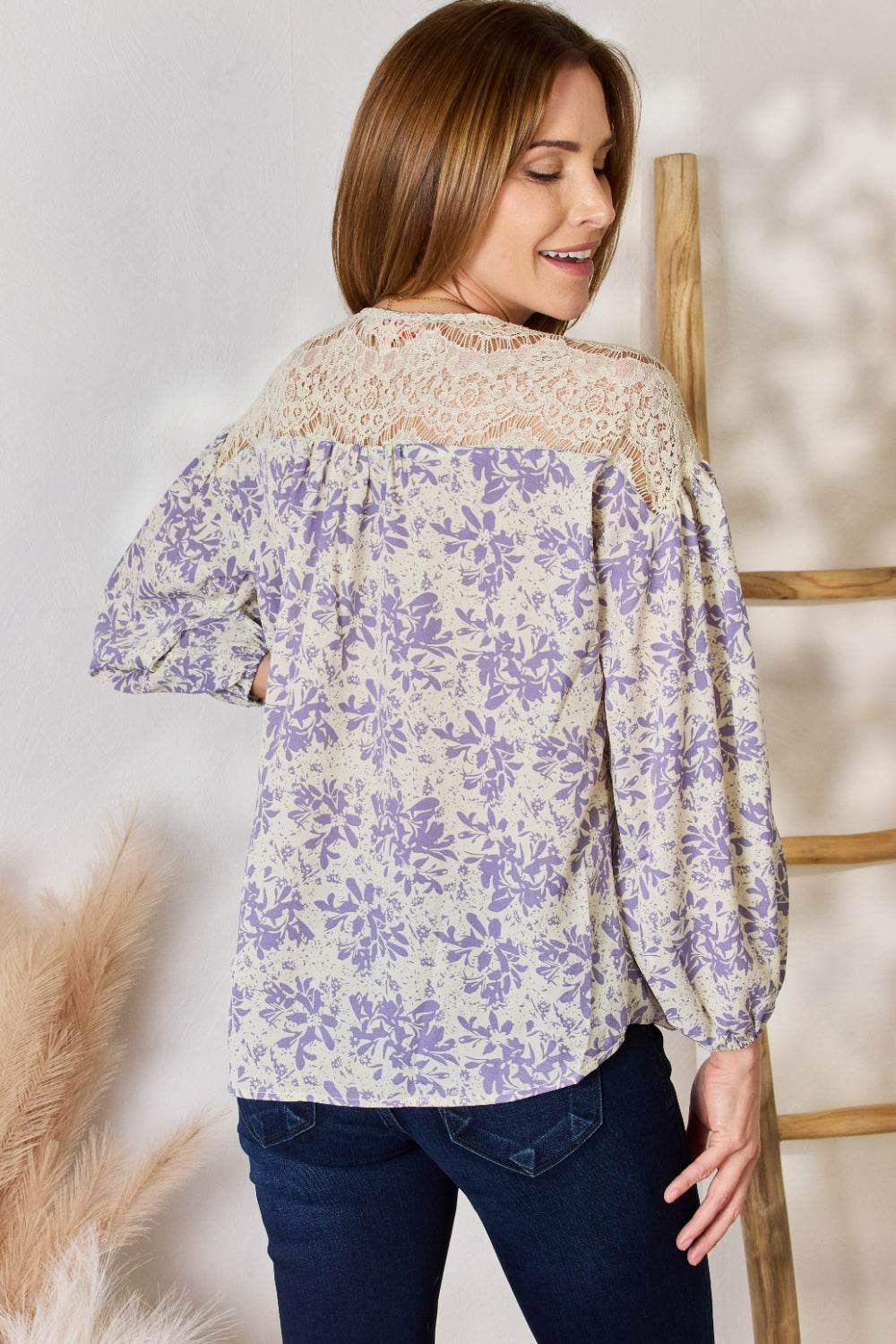 Hailey & Co Full Size Lace Detail Printed Blouse - Hovatok