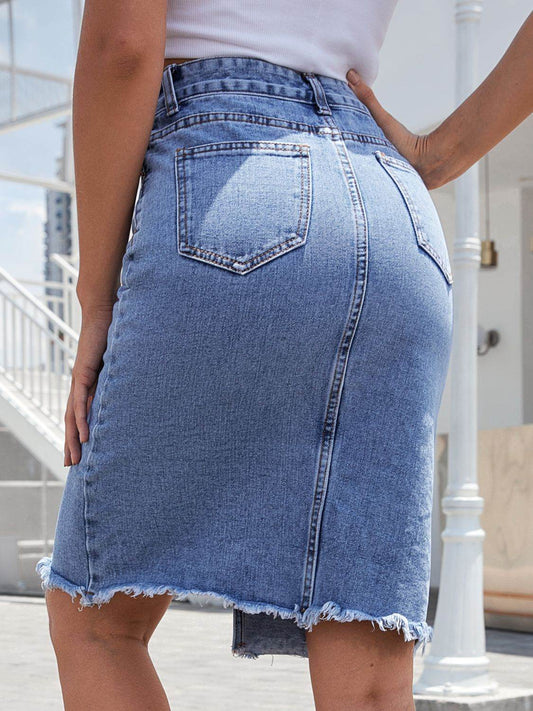Raw Hem Slit Denim Skirt - Hovatok