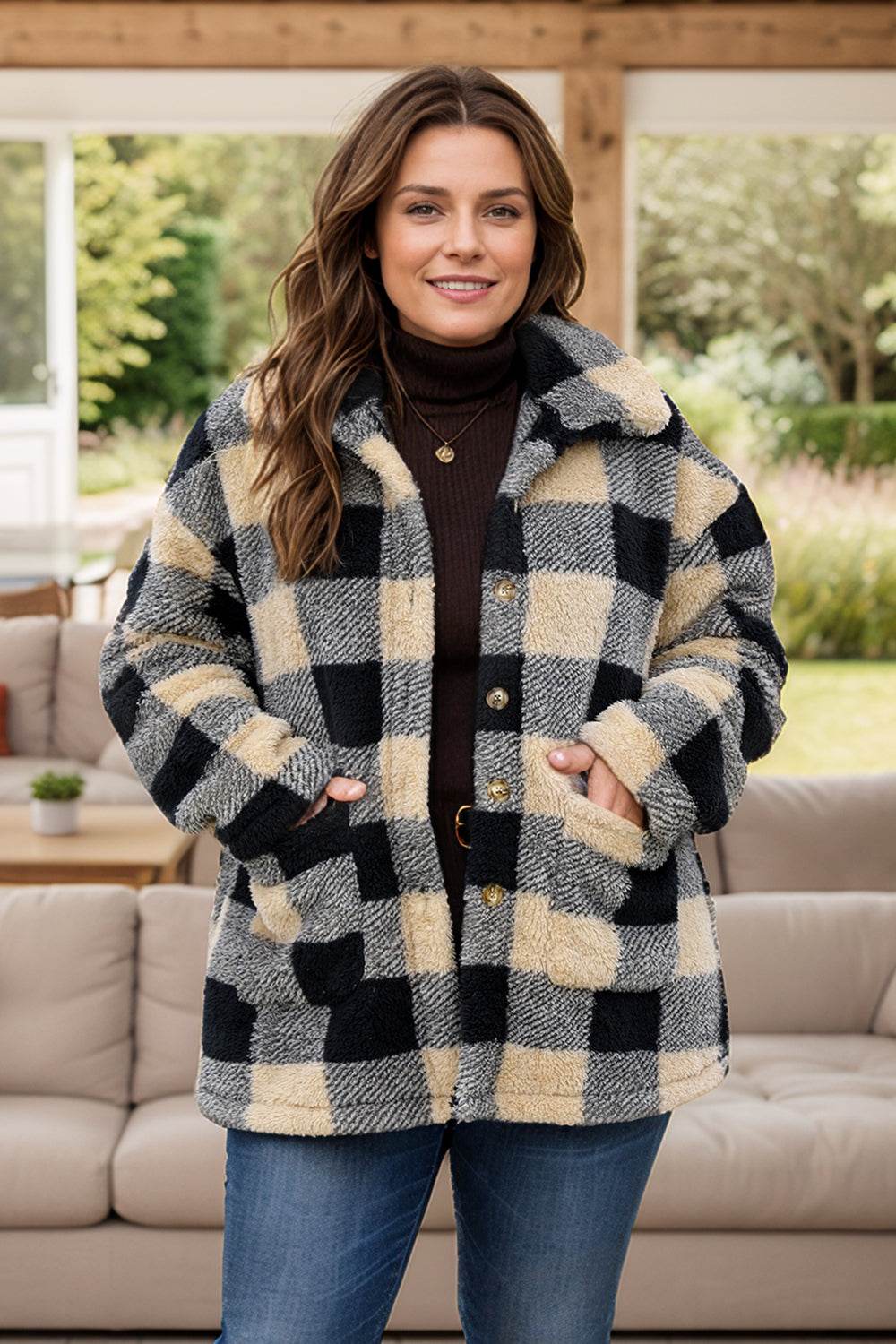 Plus Size Plaid Button Up Long Sleeve Coat - Hovatok