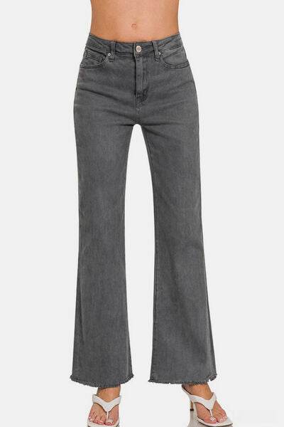 Zenana Acid Washed Frayed Hem Bootcut Jeans - Hovatok