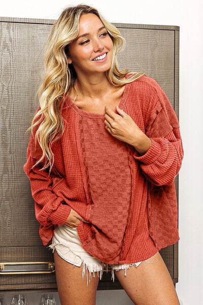 BiBi Checkered Spliced Long Sleeve Top - Hovatok