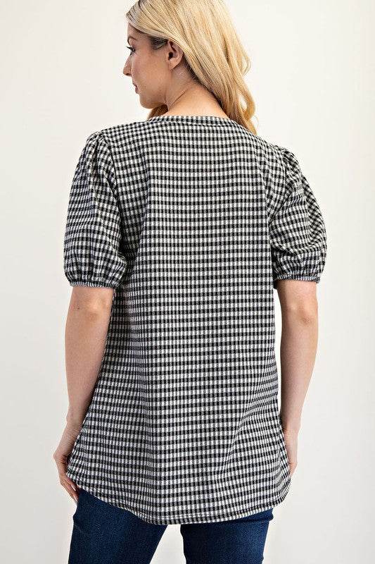 Celeste Full Size Gingham Print Top With Puff Sleeves Plus Size - Hovatok