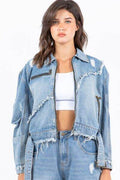 American Bazi Full Size Distressed Frayed Edge Zip Up Denim Jacket Plus Size - Hovatok