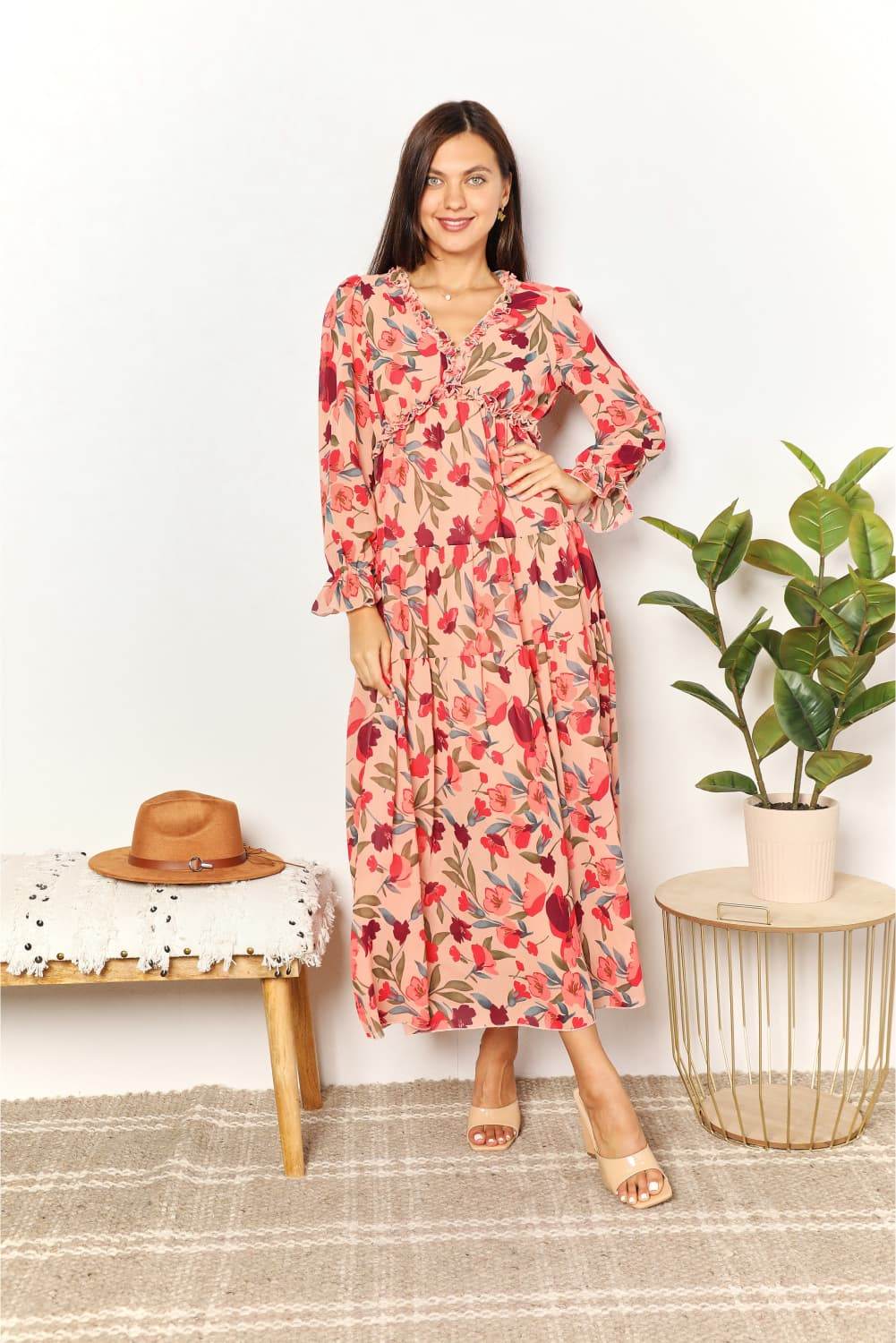 Double Take Floral Frill Trim Flounce Sleeve Plunge Maxi Dress - Hovatok