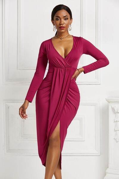 High-low Ruched Surplice Long Sleeve Dress - Hovatok