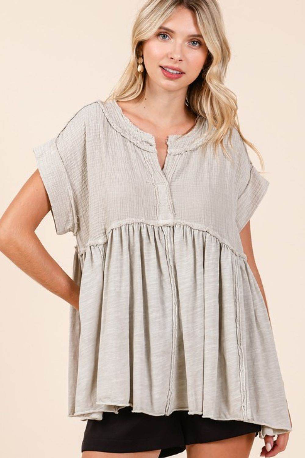 Mittoshop Mixed Media Mineral Wash Babydoll Short Sleeve Blouse - Hovatok