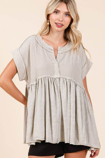 Mittoshop Mixed Media Mineral Wash Babydoll Short Sleeve Blouse - Hovatok