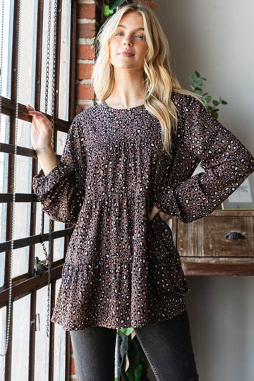 Heimish Leopard Long Sleeve Tiered Blouse - Hovatok