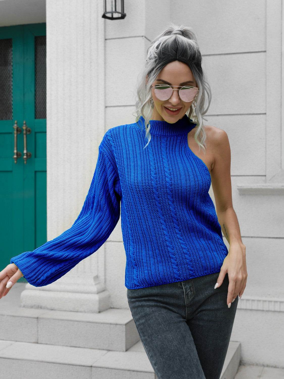 Cable-Knit Round Neck Asymmetrical Sweater - Hovatok