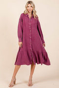Mittoshop Mineral Wash Cotton Gauze Ruffle Midi Shirt Dress - Hovatok