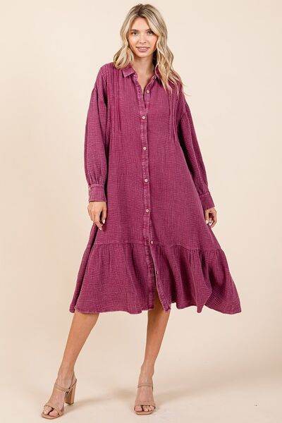 Mittoshop Mineral Wash Cotton Gauze Ruffle Midi Shirt Dress - Hovatok