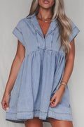 Lapel Neck Cap Sleeve Denim Babydoll Dress - Hovatok