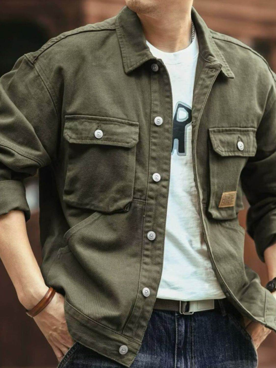 Men's Washed Collared Neck Cargo Jacket - Hovatok
