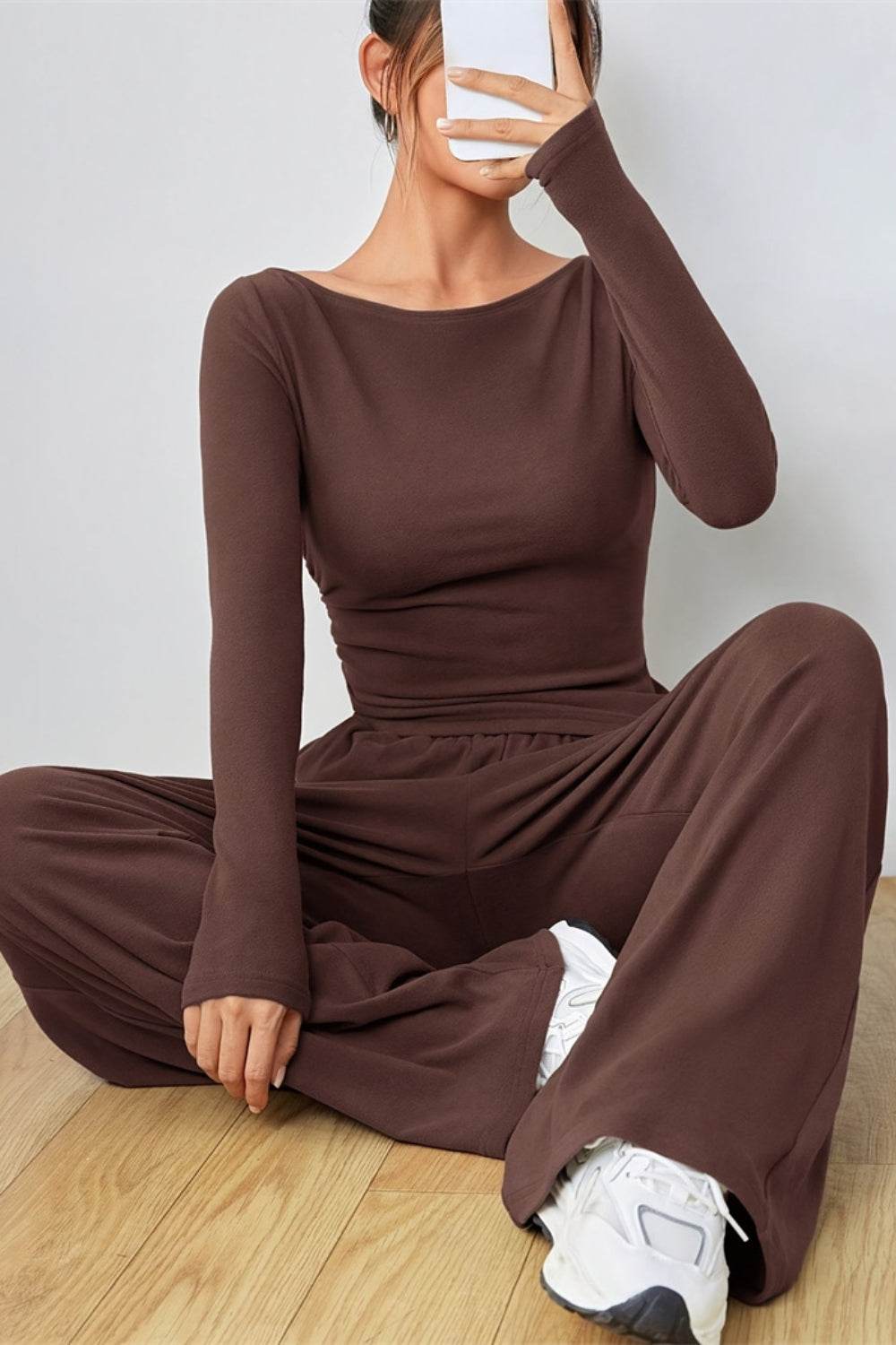 Boat Neck Long Sleeve Top and Pants Set - Hovatok