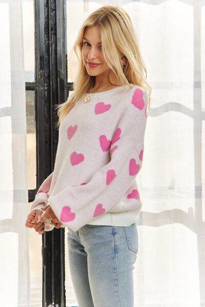 ADORA Heart Round Neck Drop Shoulder Sweater - Hovatok