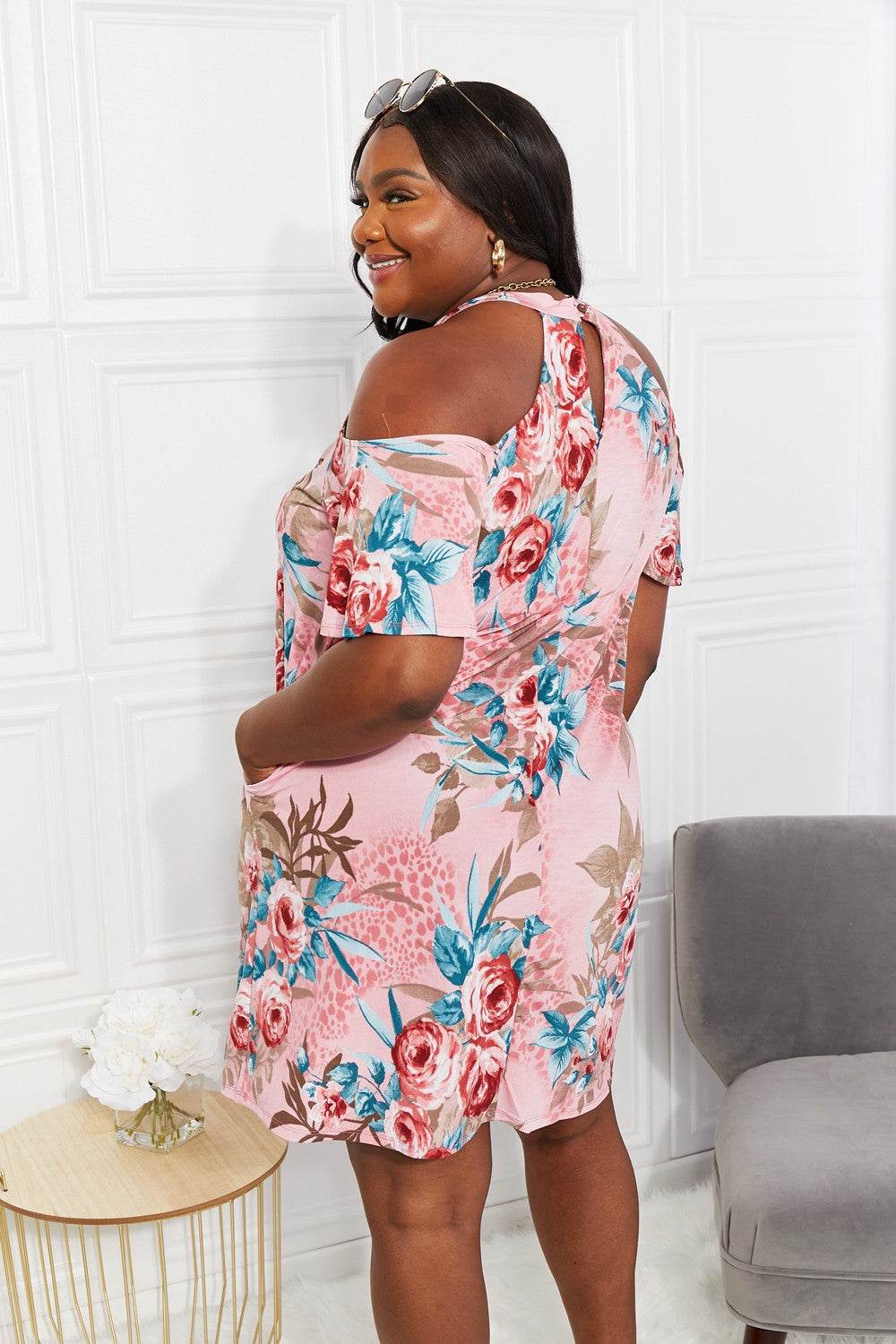 Sew In Love Full Size Fresh-Cut Flowers Cold-Shoulder Dress - Hovatok