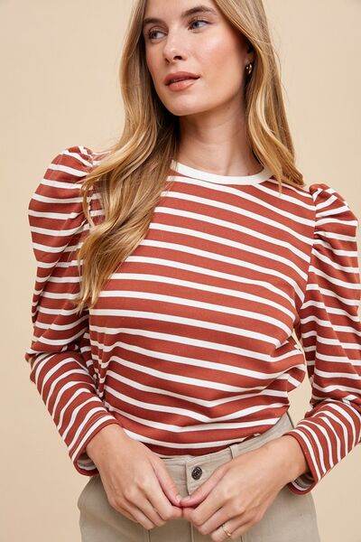 Annie Wear Striped Round Neck Puff Sleeve French Terry Top - Hovatok