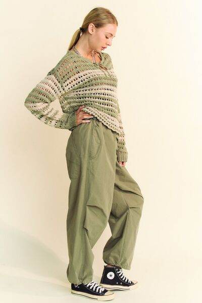 Davi & Dani Contrast Striped Crochet Drop Shoulder Knit Cover Up - Hovatok