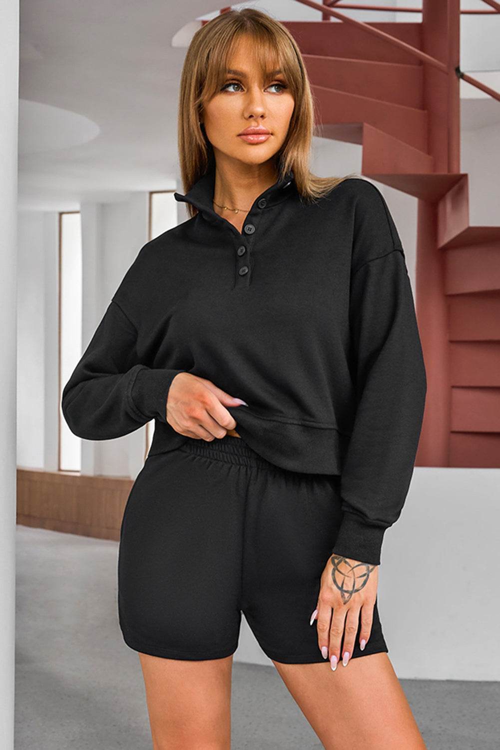 Half Button Sweatshirt and Shorts Active Set - Hovatok