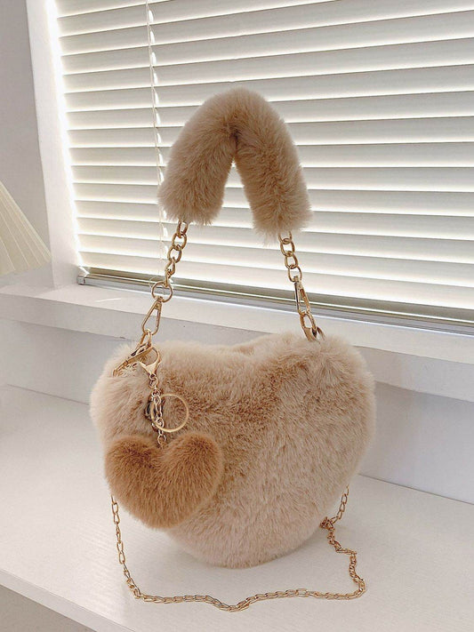 Heart Shape Faux Fur Handbag - Hovatok