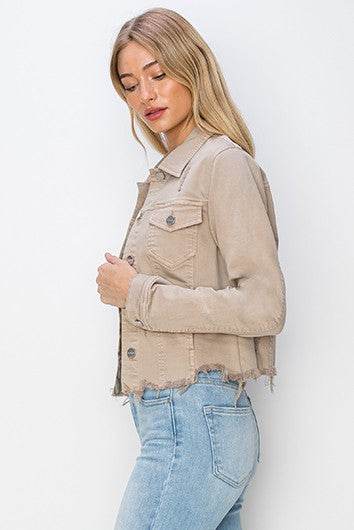 RISEN Full Size Raw Hem Button Up Cropped Denim Jacket Plus Size - Hovatok