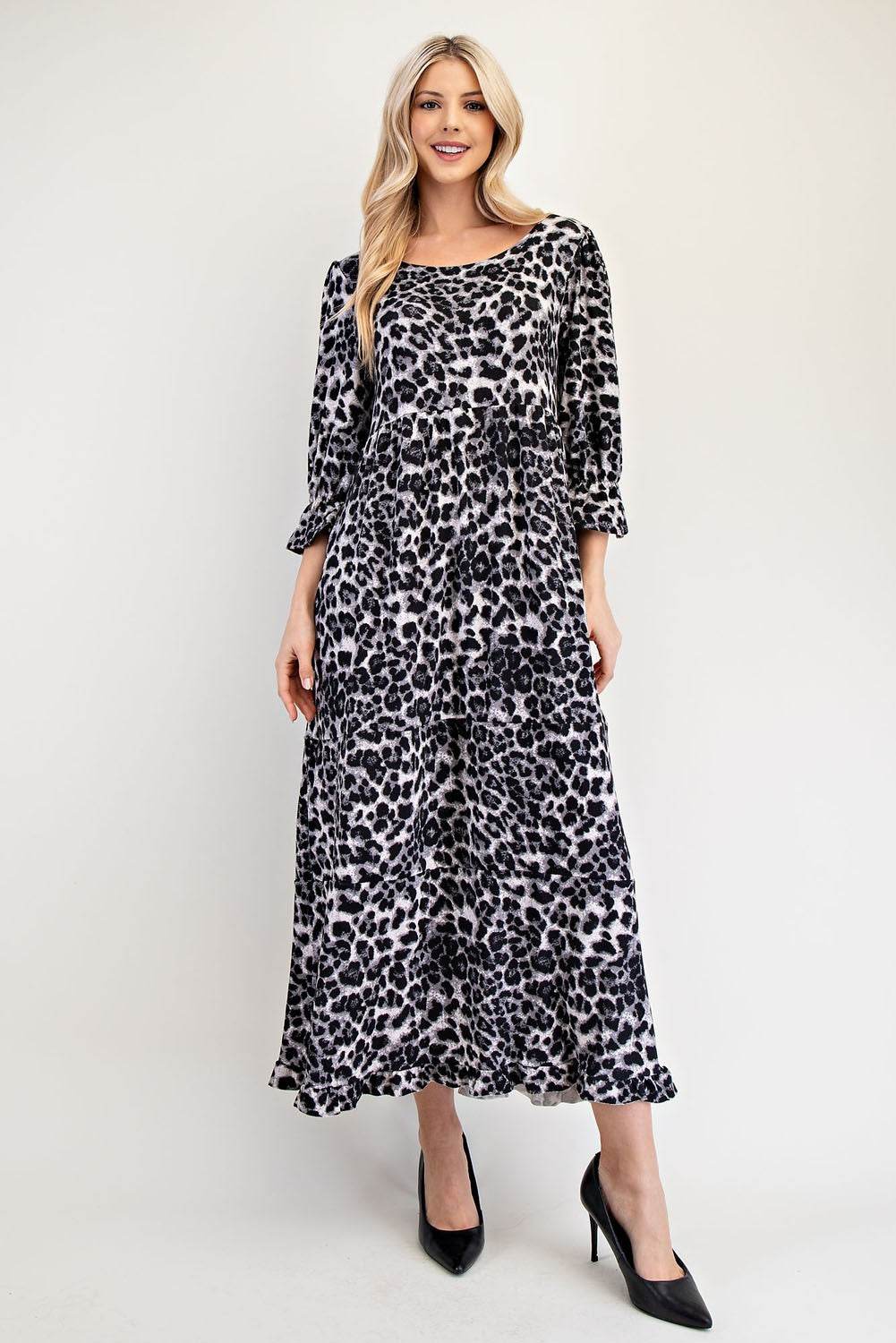 Celeste Full Size Leopard Round Neck Flounce Sleeve Dress - Hovatok