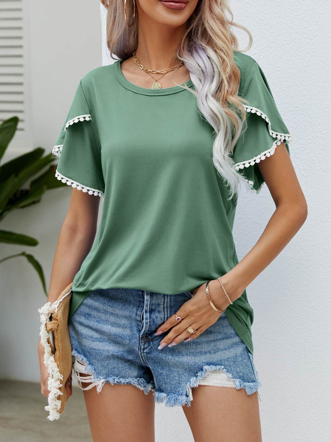 Pom-Pom Trim Flutter Sleeve Round Neck T-Shirt - Hovatok