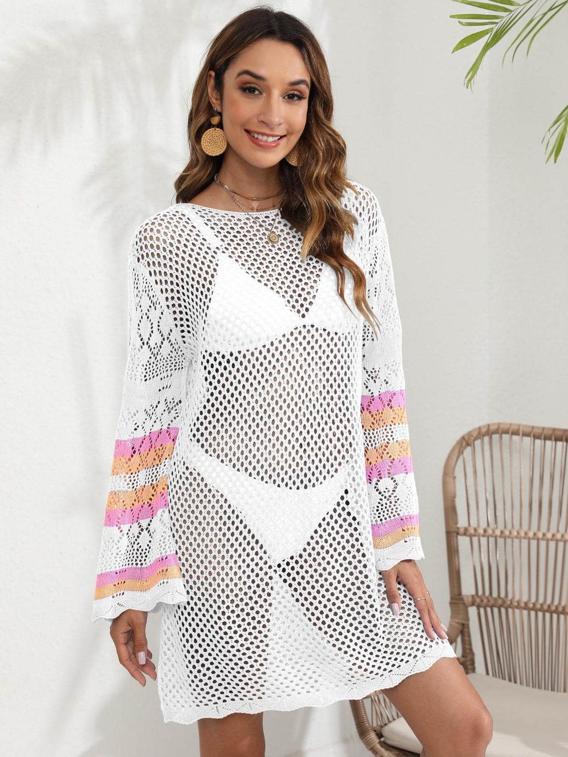 Openwork Contrast Long Sleeve Cover-Up - Hovatok