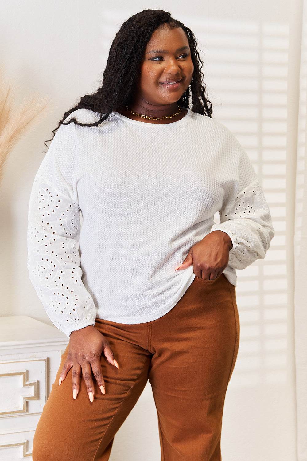 Shiny Eyelet Dropped Shoulder Round Neck Blouse - Hovatok