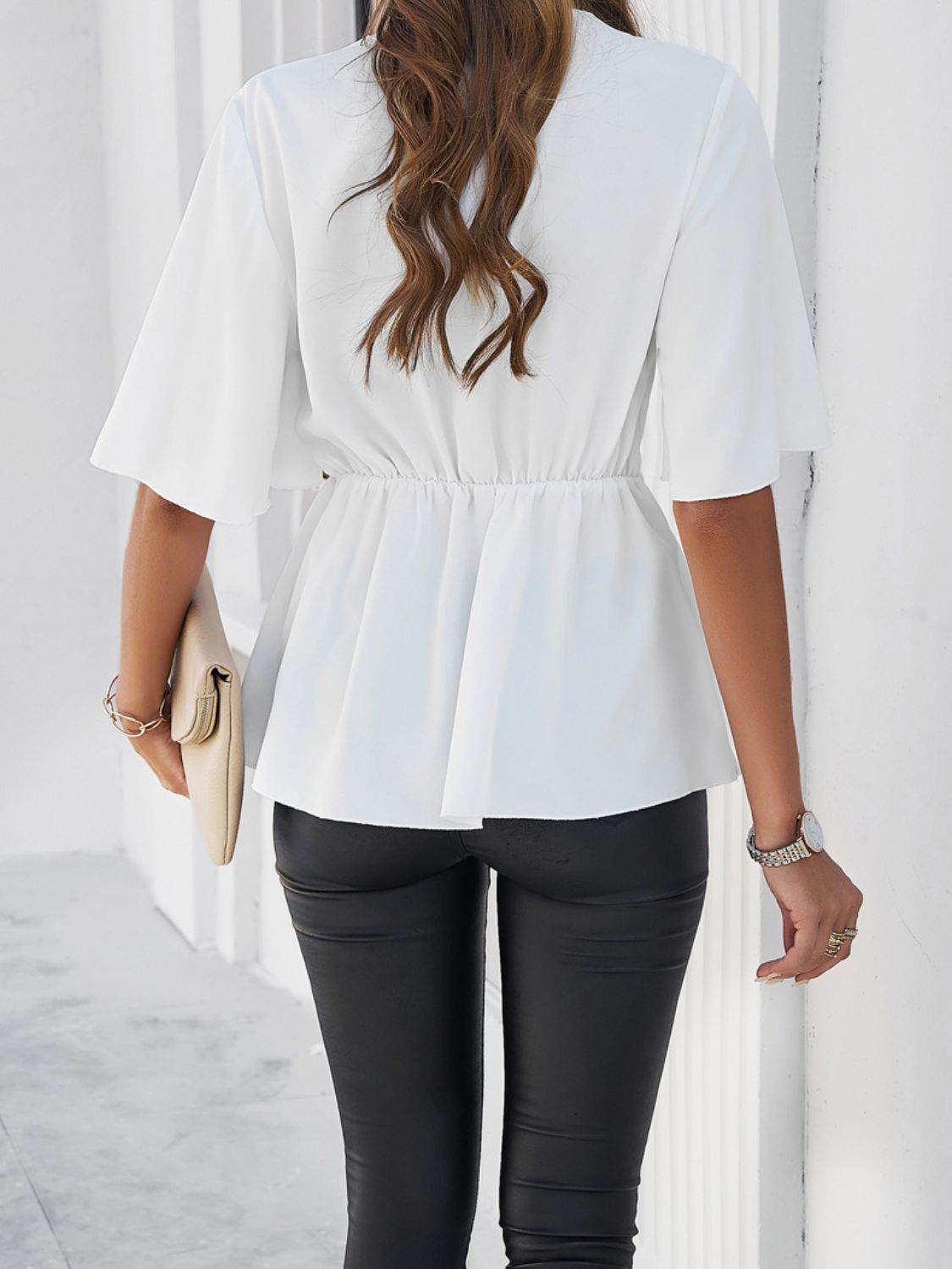 Devine Tied Front Peplum Blouse - Hovatok