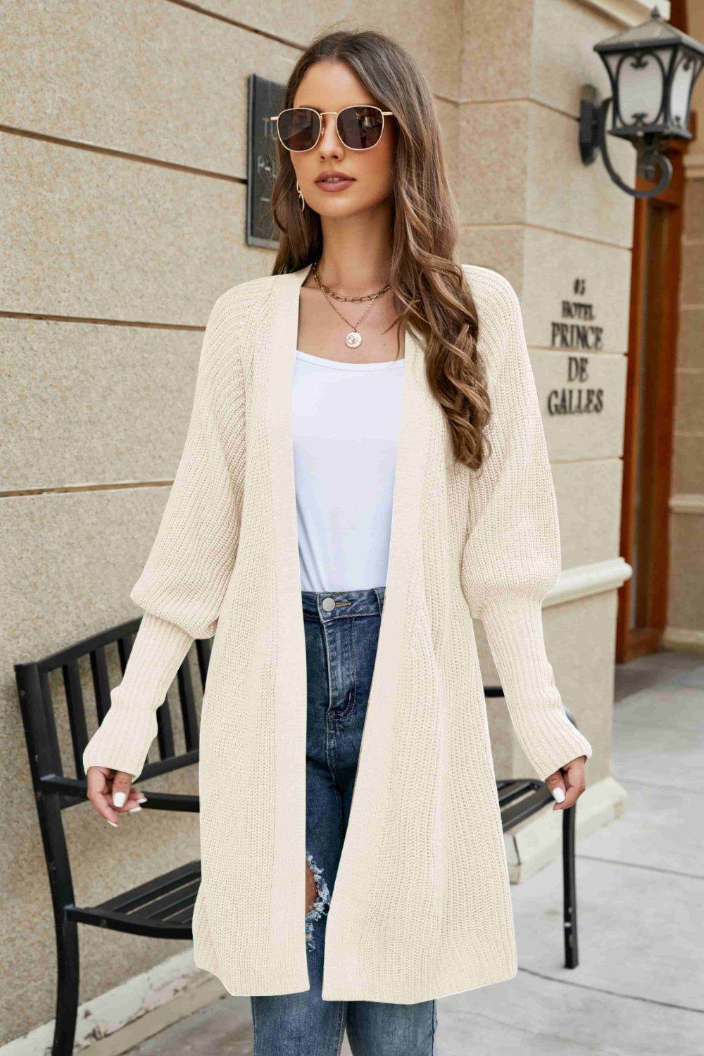 Open Front Lantern Sleeve Cardigan - Hovatok