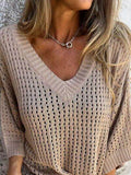 Full Size Openwork V-Neck Knit Cover Up Plus Size - Hovatok