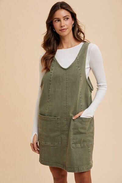 Annie Wear V-Neck Adjustable Strap Denim Overall Dress with Pockets - Hovatok